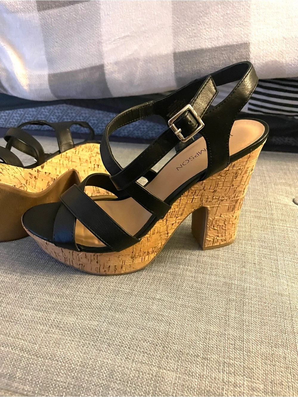 12 Thompson Black Cork Platform Strappy Sandals